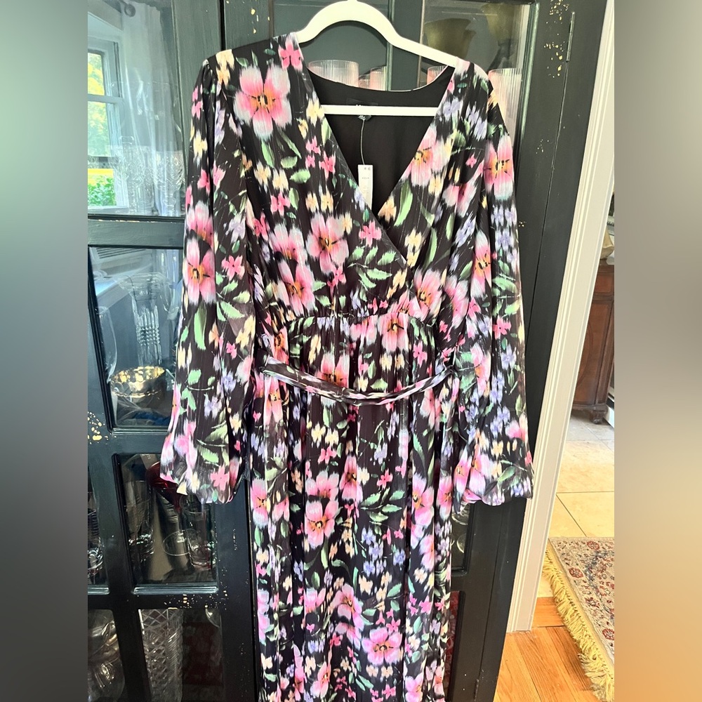Brand New Chiffon Aqua Long Sleeve Floral Dress - Pink and Black